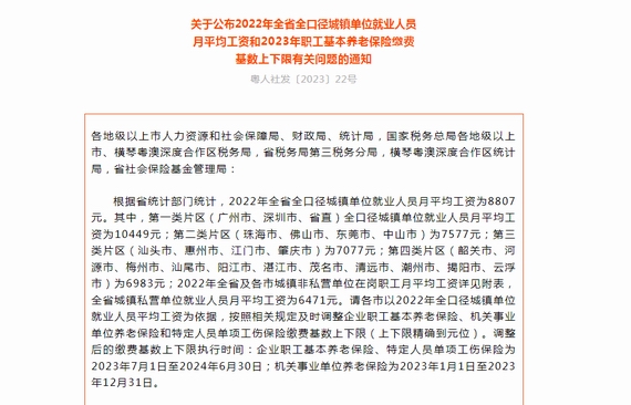 关于公布2022年全省全口径城镇单位就业人员月平均工资和2023年职工基本养老保险缴费基数上下限有关问题的通知